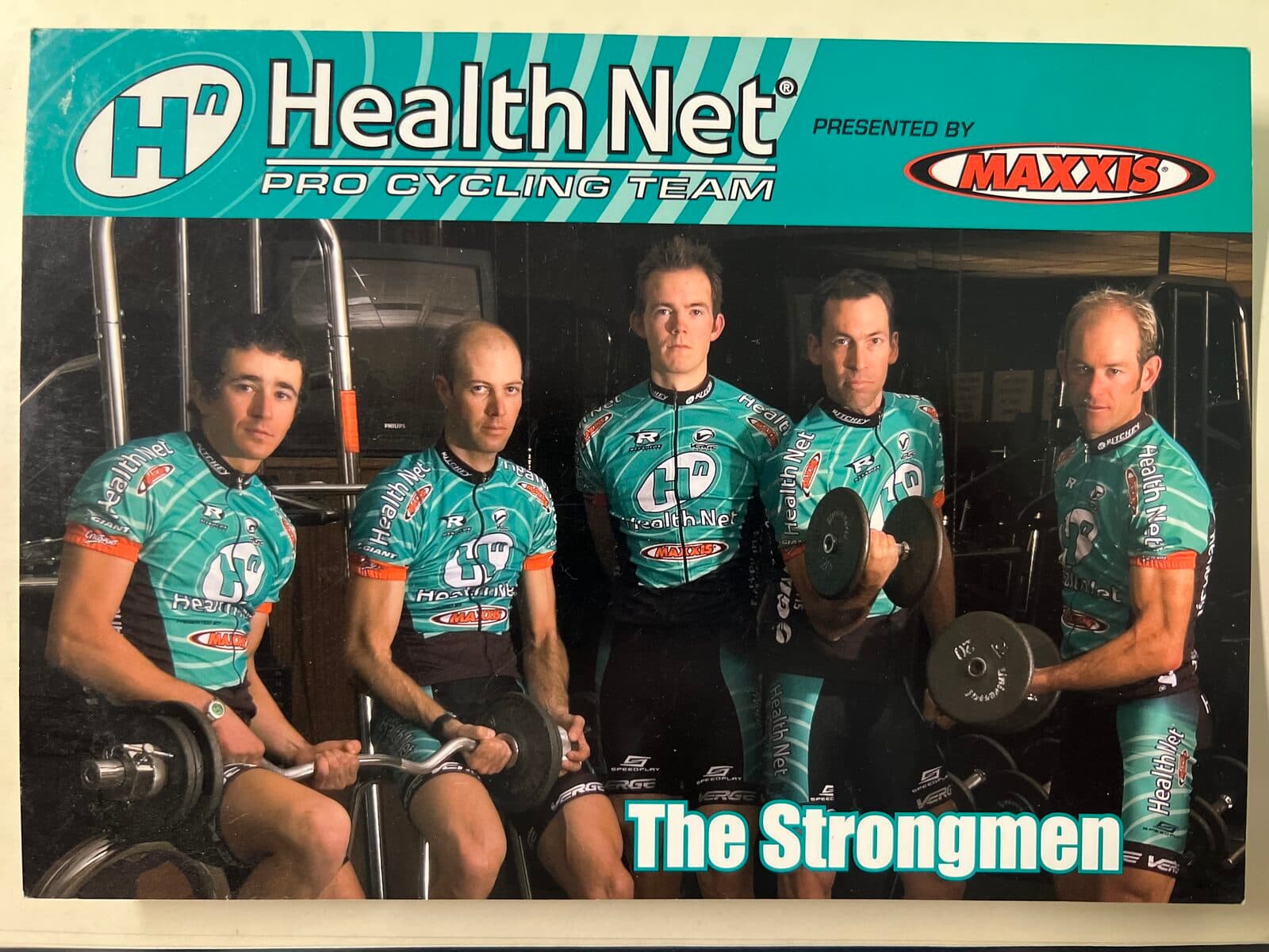 Jason Lokkesmoe with Health Net Pro Cycling Team teammates — professional cycling team photo titled The Strongmen